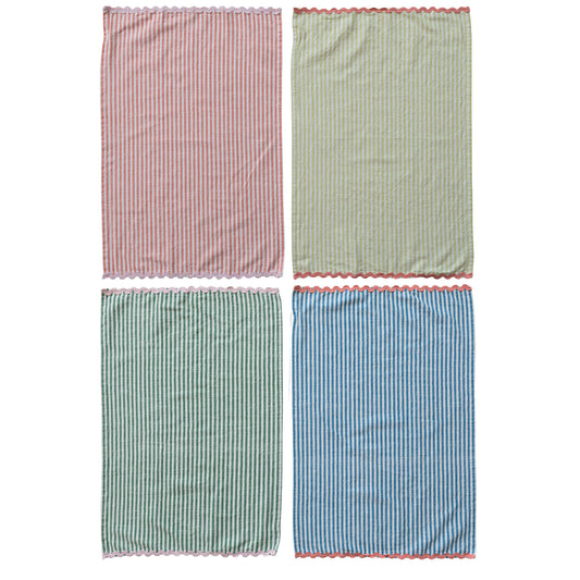Ric Rac Trim Cotton Striped Tea Towel