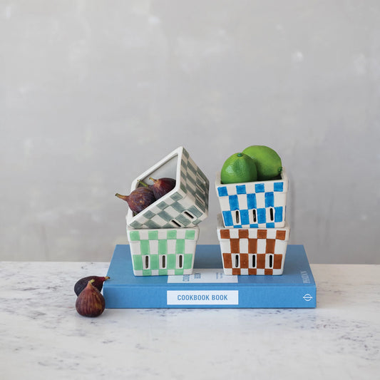 Painted Check Pattern Stoneware Berry Basket