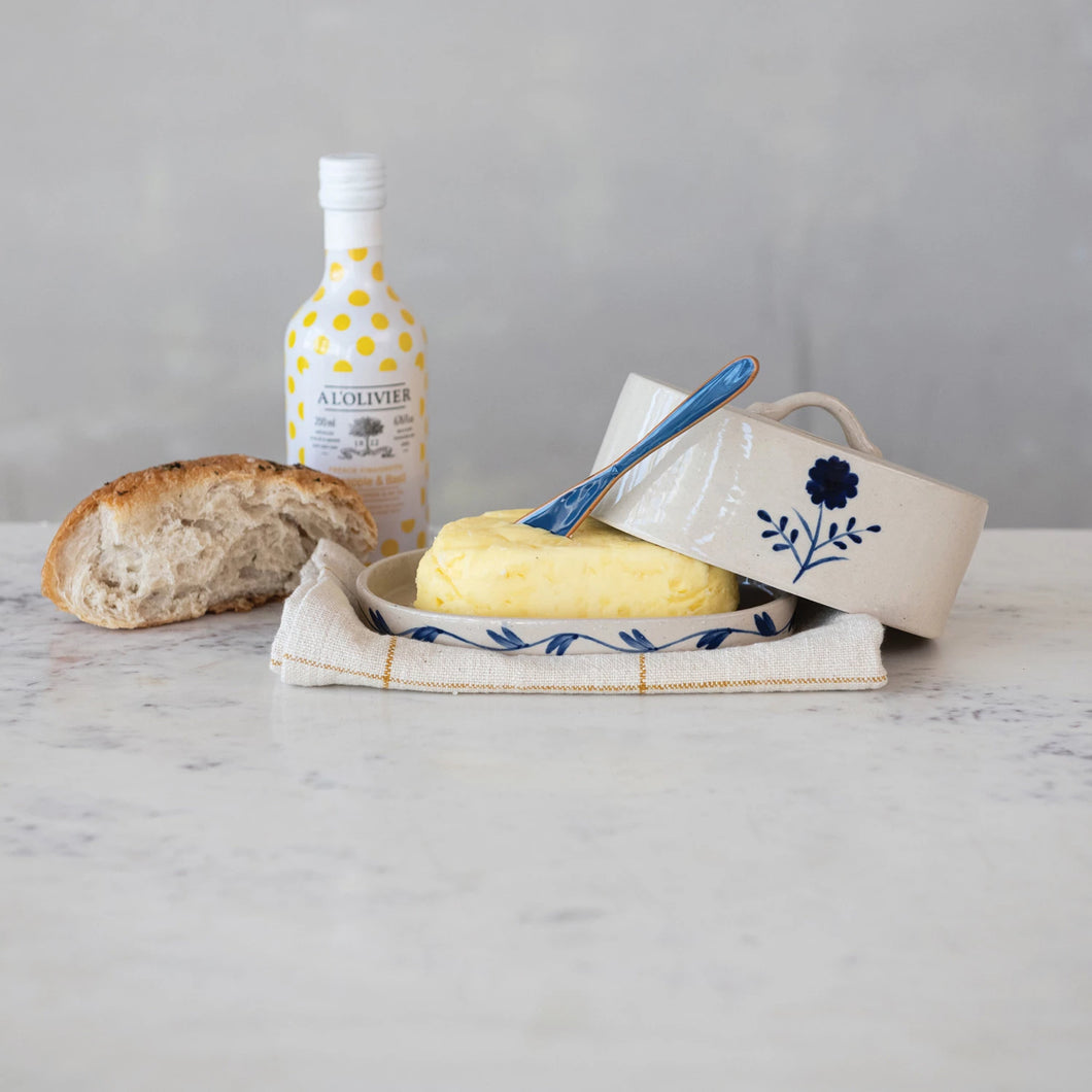 Blue Flora Stoneware Butter Dish