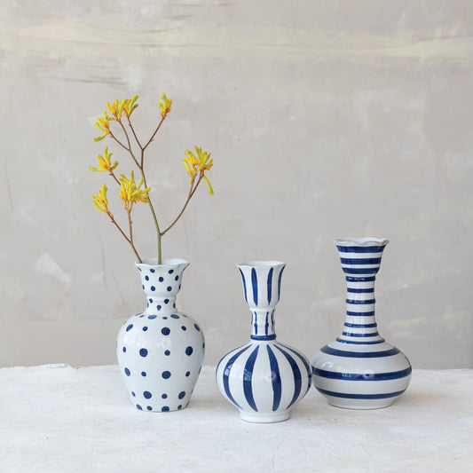 Traditional Blue & White Hand-Painted Bud Vases