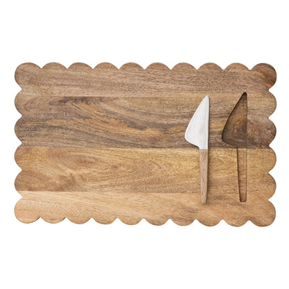 Scalloped Edge Wood Cheese Board & Knife Set