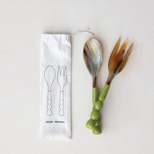 Green Resin Handled Horn Salad Servers
