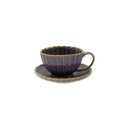 Glazed Ribbed Stoneware Mug with Saucer