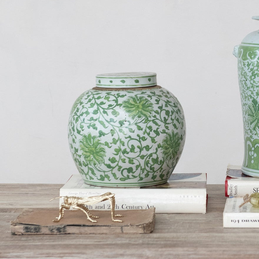 Green & White Floral Ginger Jar