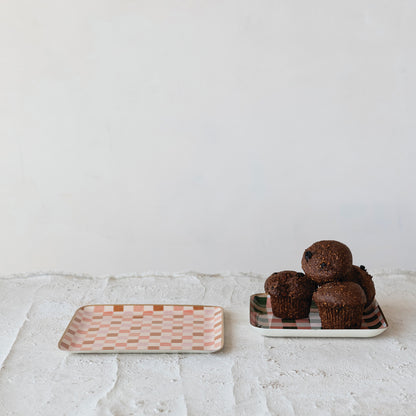 Enameled Metal Trays with Check/Plaid Pattern