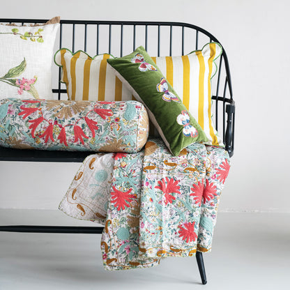 Yellow Striped Lumbar Pillow with Scalloped Edge