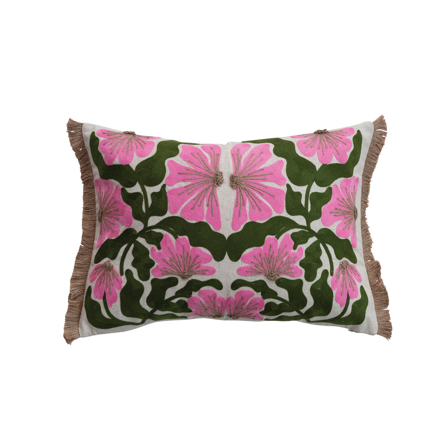 Pink & Green Embroidered Flowers Lumbar Pillow