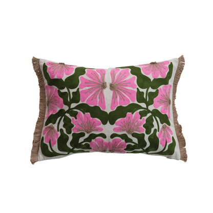 Pink & Green Embroidered Flowers Lumbar Pillow