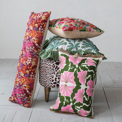 Pink & Green Embroidered Flowers Lumbar Pillow