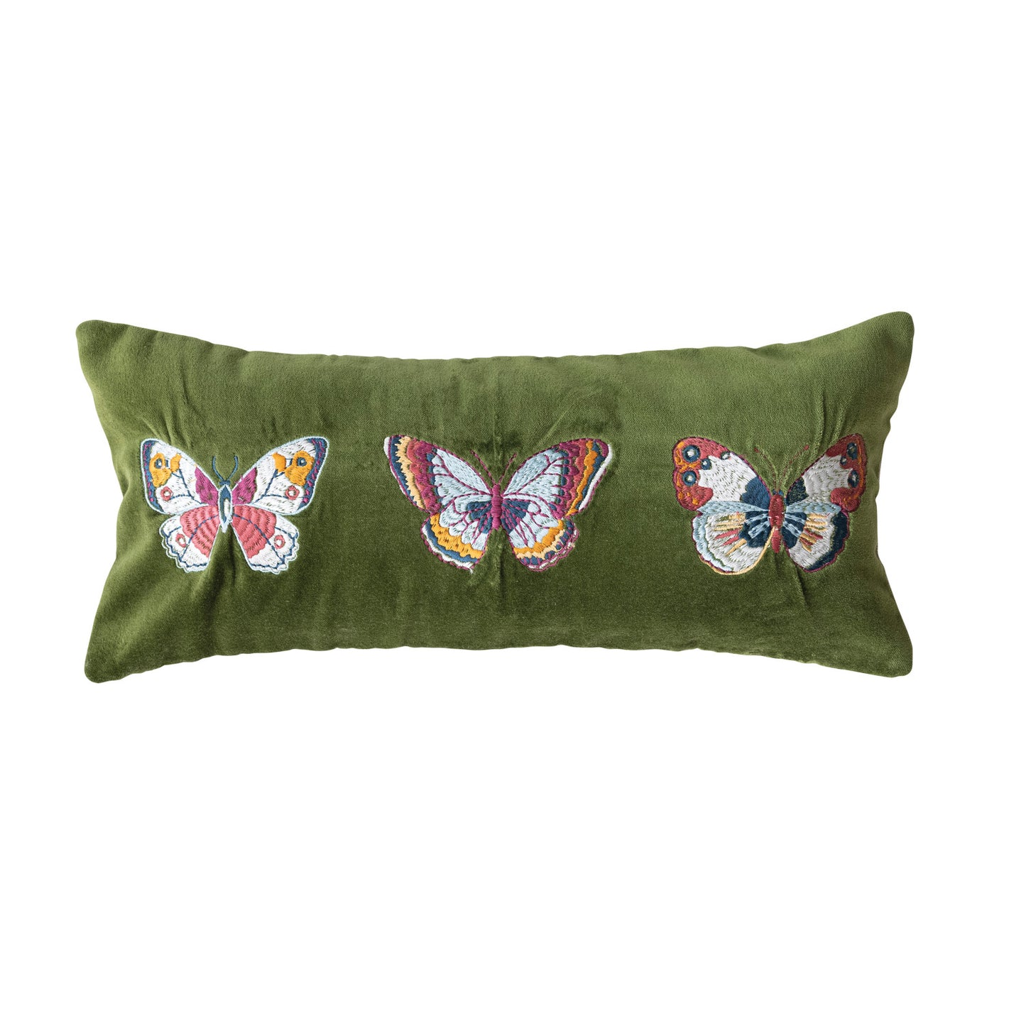 Green Velvet Lumbar Pillow with Embroidered Butterflies