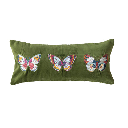Green Velvet Lumbar Pillow with Embroidered Butterflies