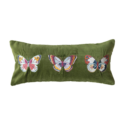 Green Velvet Lumbar Pillow with Embroidered Butterflies