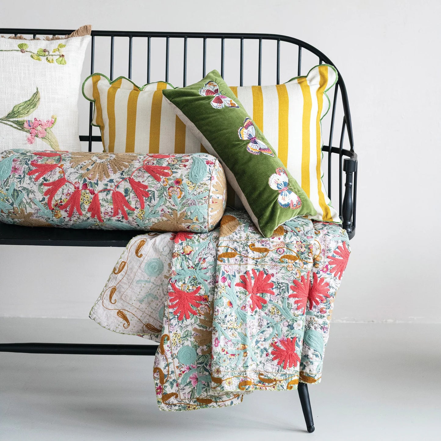 Green Velvet Lumbar Pillow with Embroidered Butterflies