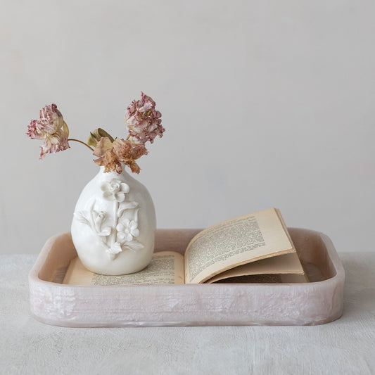 White Stoneware Bud Vases with Sculpted Flowers