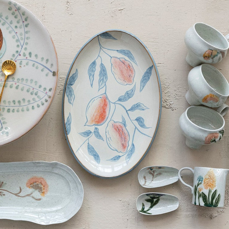 Oval Hand-Painted Stoneware Platter with Lemons