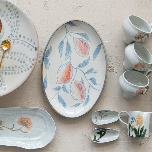 Oval Hand-Painted Stoneware Platter with Lemons