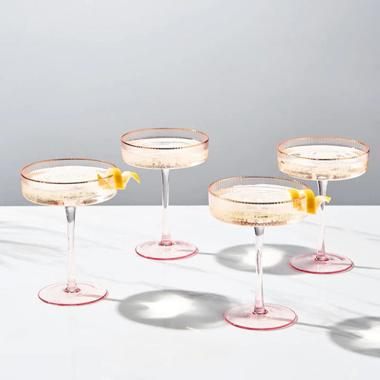Blush Pink Ribbed Coupe with Gold Rim - Set of 2