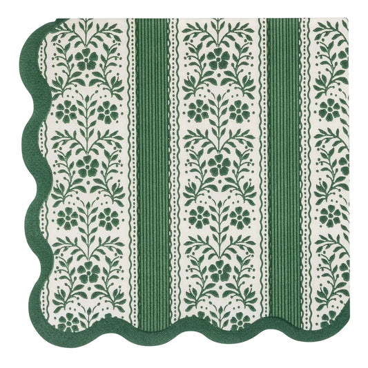 Green Floral Stripe Cocktail Napkins