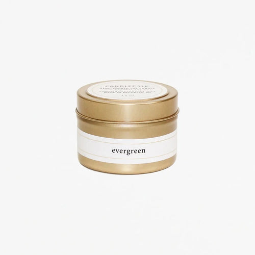 gold tin holiday candle, evergreen scent