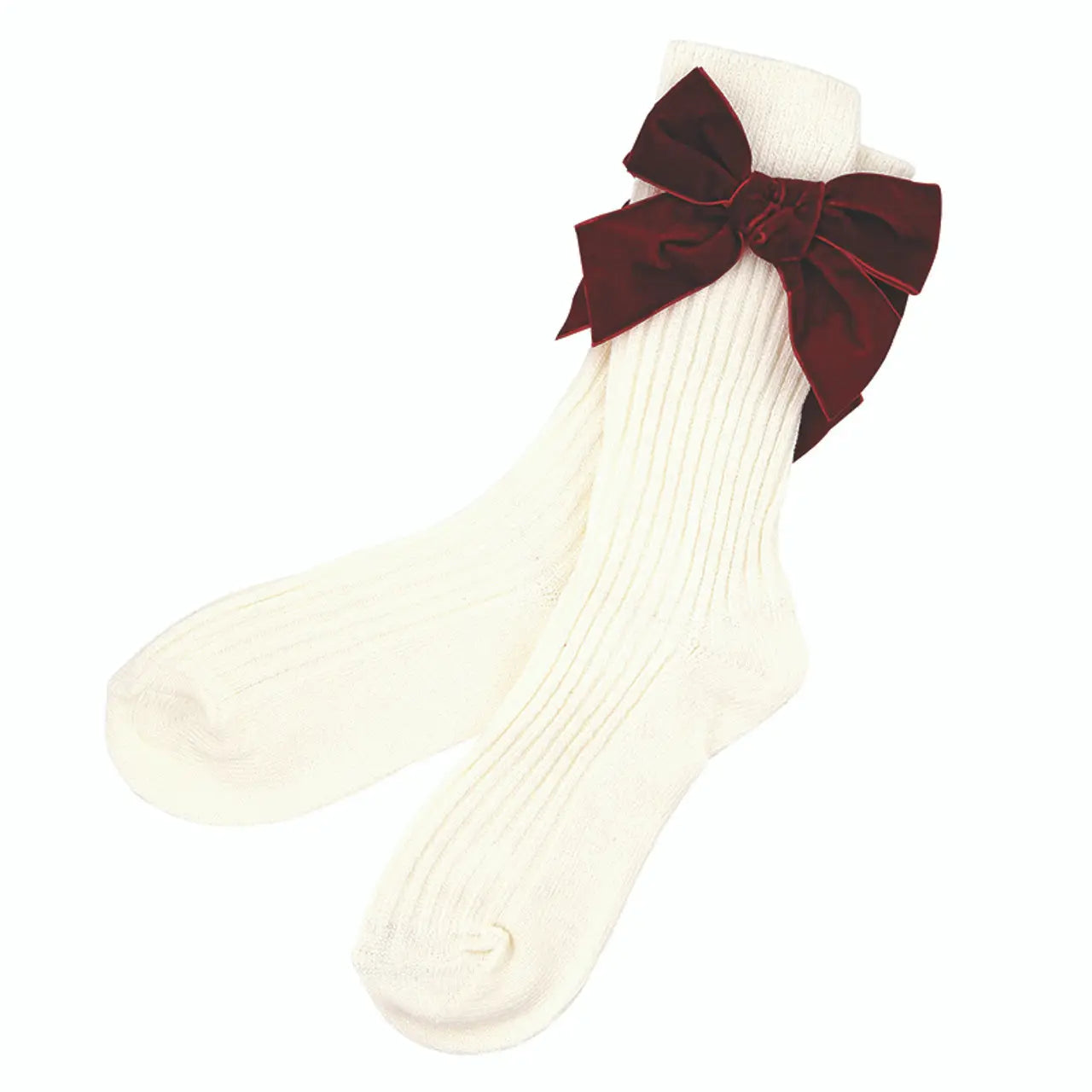 Ivory & Burgundy Velvet Bow Socks