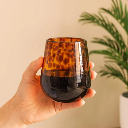 Leopard Print Amber Colored Stemless Wine Glass |  Set of 2
