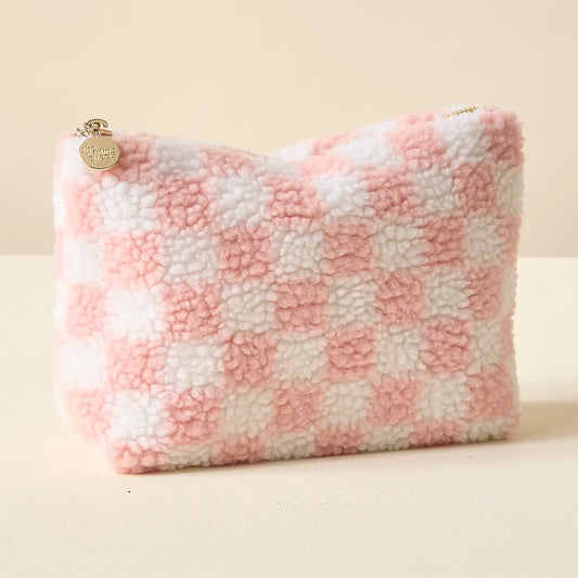 Checkered Blush Teddy Pouch