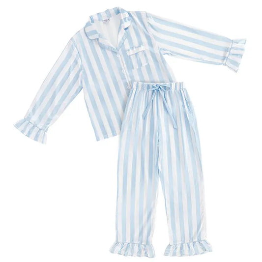 Blue Stripe Ruffle Satin PJ Set