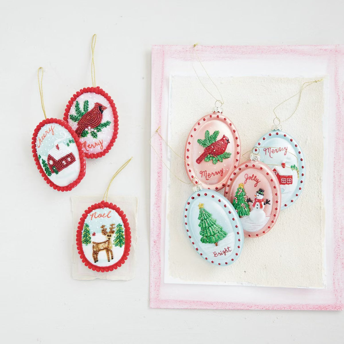 Fabric & Glass Beaded Ornament w/ Holiday Image