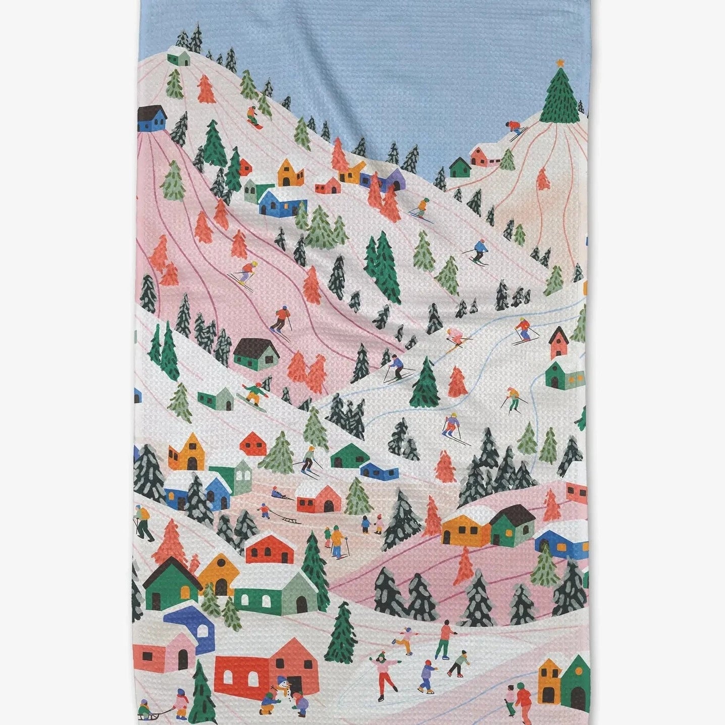 winter ski slope town tea towel