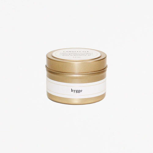 gold tin holiday candle, hygge scent