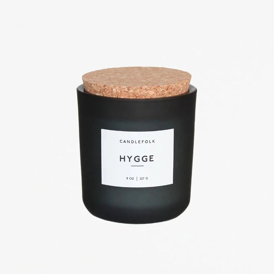 glass candle, cork top. hygge scent