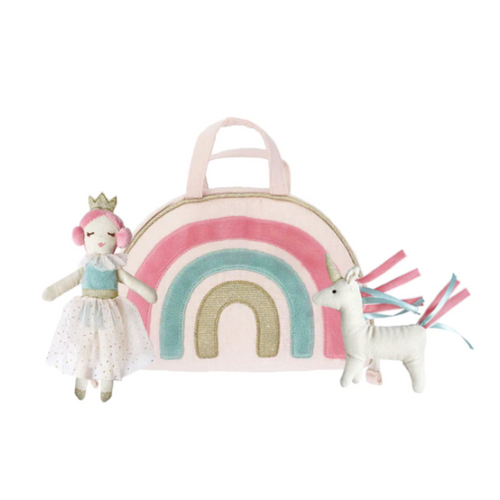 dolls and rainbow travel bag