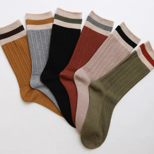 Cozy Retro Color Block Wool Crew Socks - Vintage Style