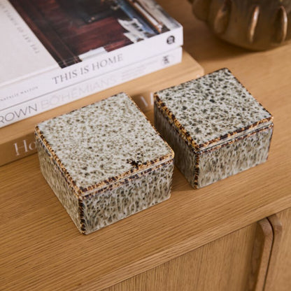 Two speckled ceramic boxes on a wooden surface with a book and decorative item in the background.