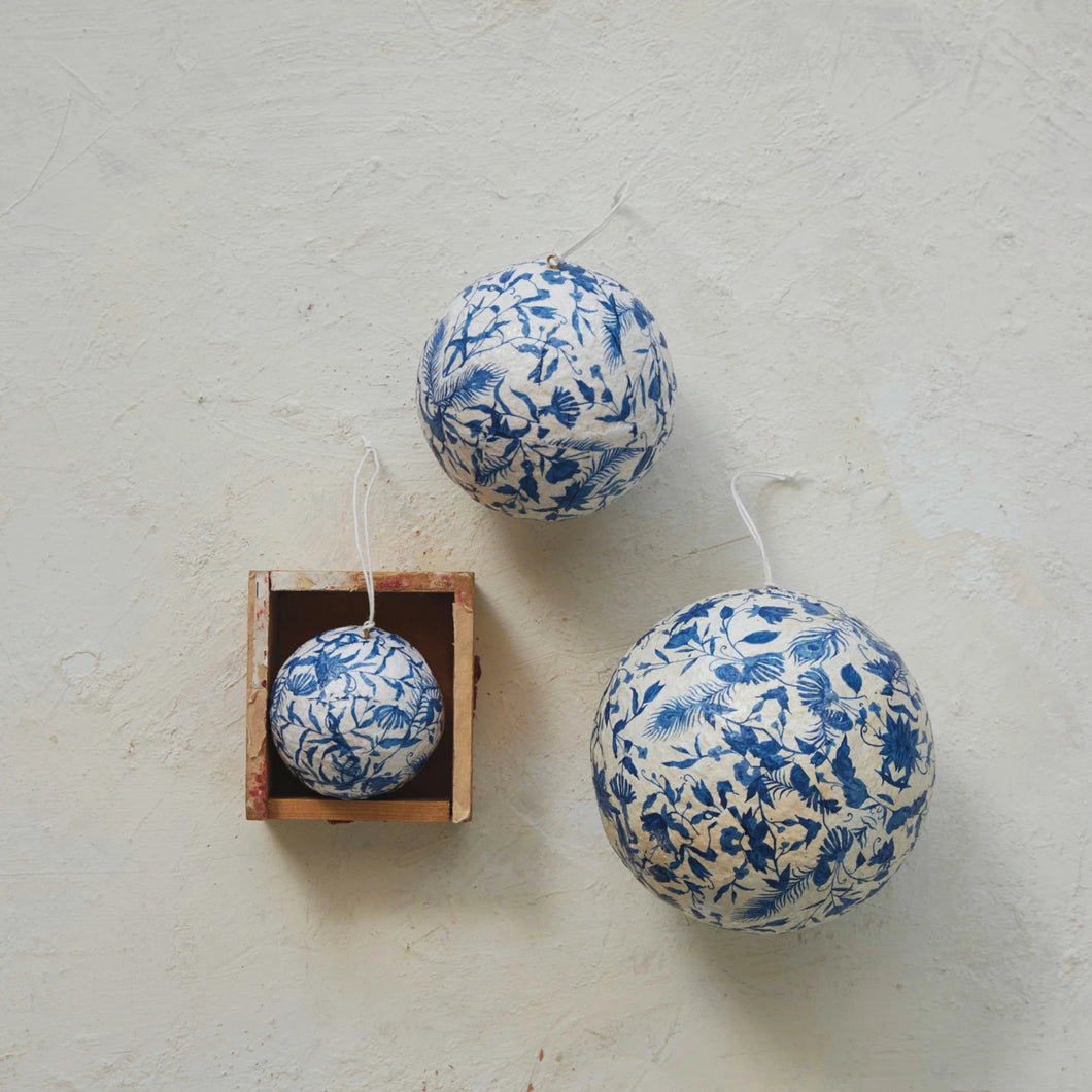 Blue & White Floral Paper Mache Ball Ornaments