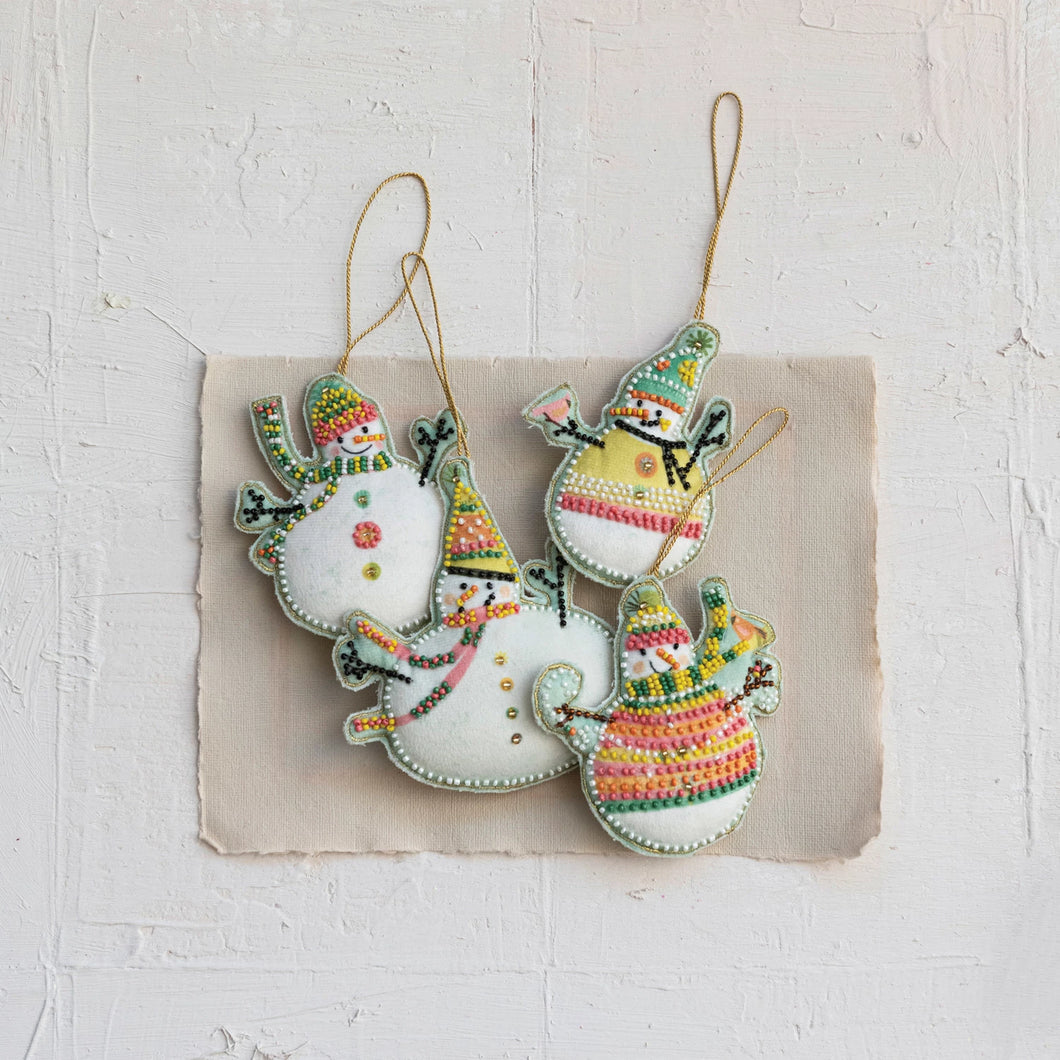 Whimsy Beaded Velvet Snowman Ornaments