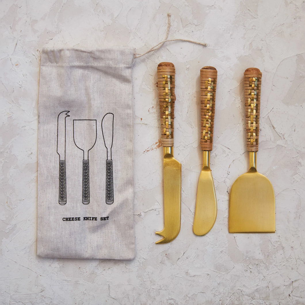 Rattan & Brass Steel Cheese Knives Set