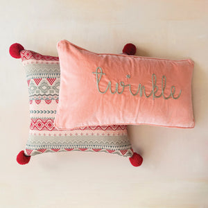 Woven Pink Jacquard Pillow with Pom Poms