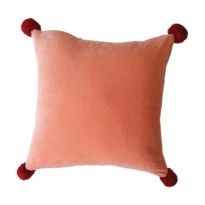 Woven Pink Jacquard Pillow with Pom Poms