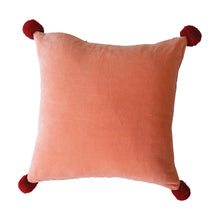 Load image into Gallery viewer, Woven Pink Jacquard Pillow with Pom Poms
