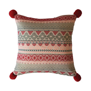 Woven Pink Jacquard Pillow with Pom Poms