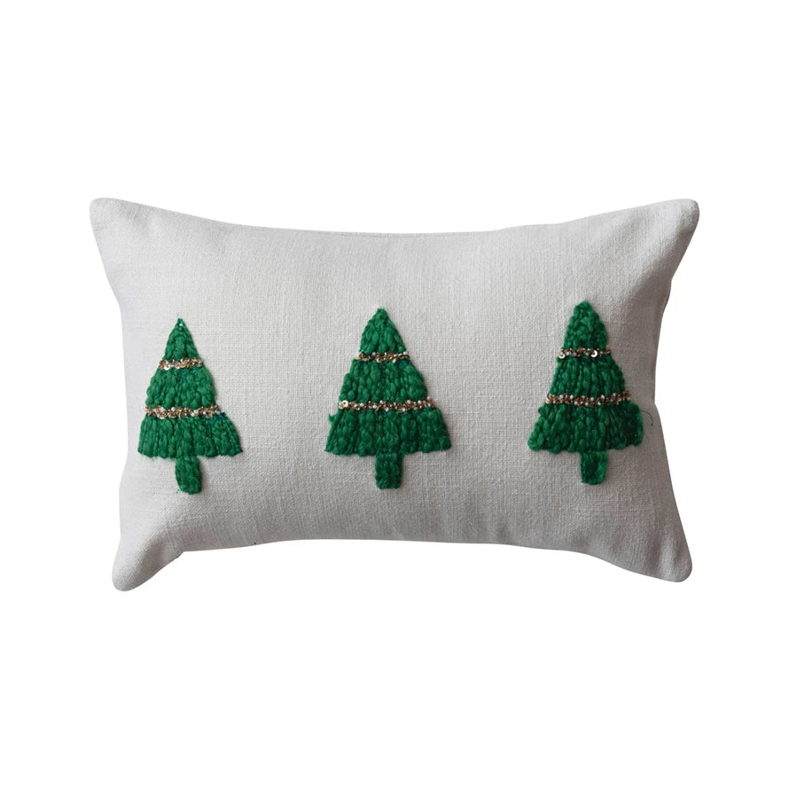 Embroidered Christmas Trees Slub Lumbar Pillow