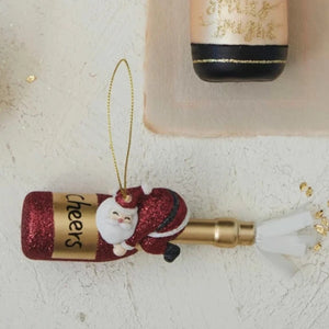 Glittery Santa on Champagne Ornament