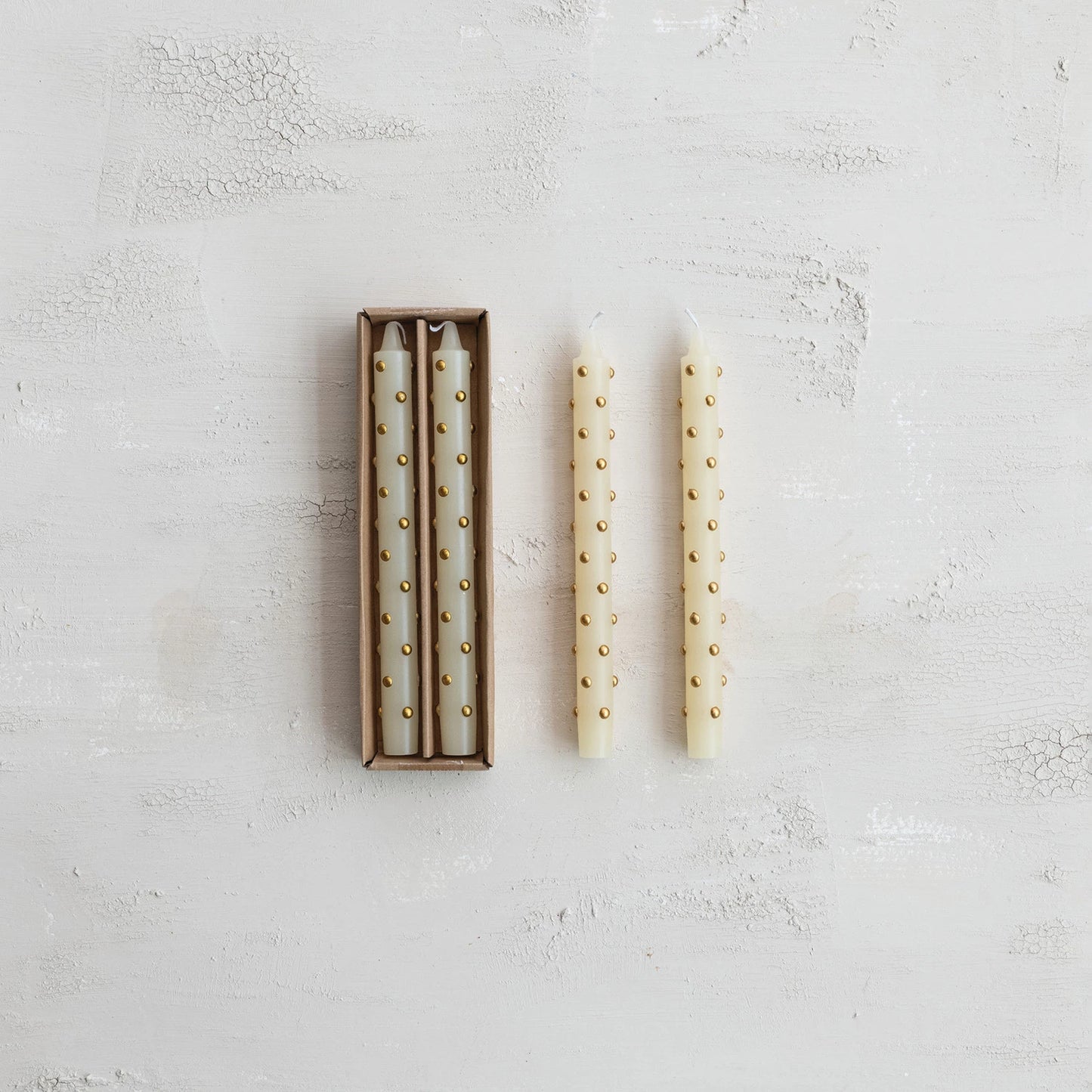 Unscented Boxed Taper Candles with Metallic Dots