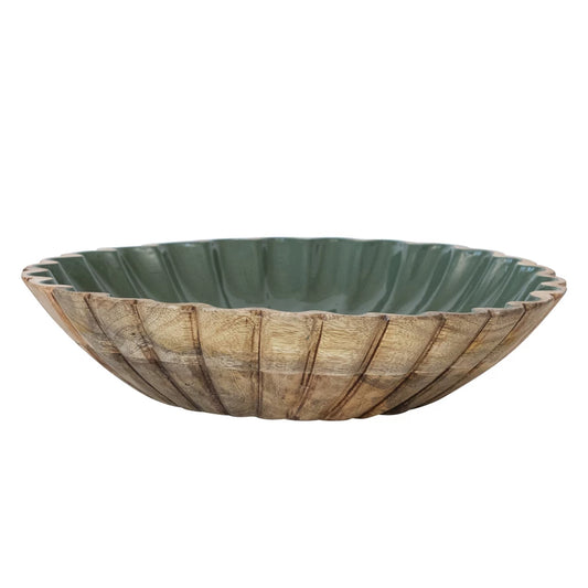 Green Carved Enameled Mango Wood Scalloped Bowl