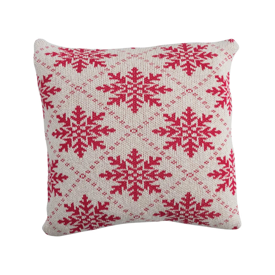 Square Cotton Knit Pillow with Snowflake Pattern