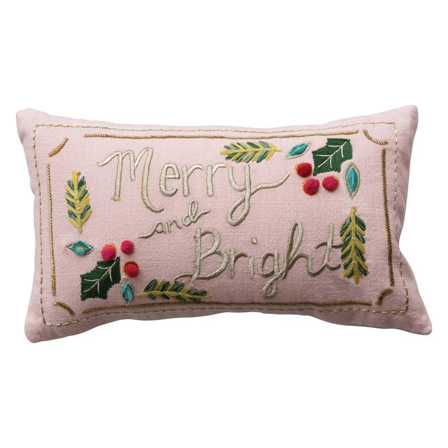 Merry & Bright Embroidered Pink Pillow