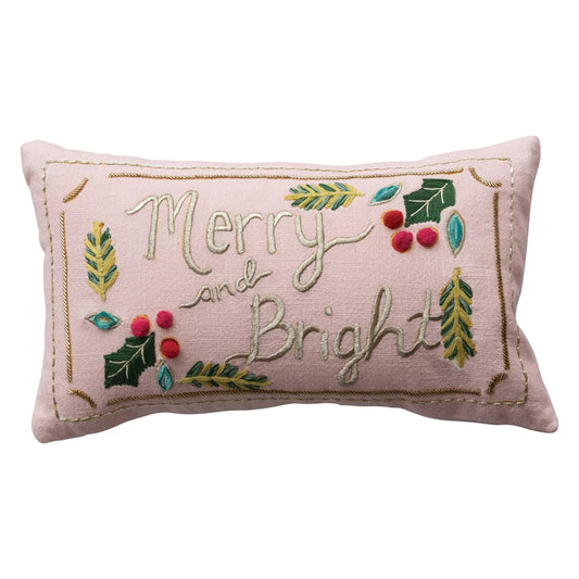 Merry & Bright Embroidered Pink Pillow