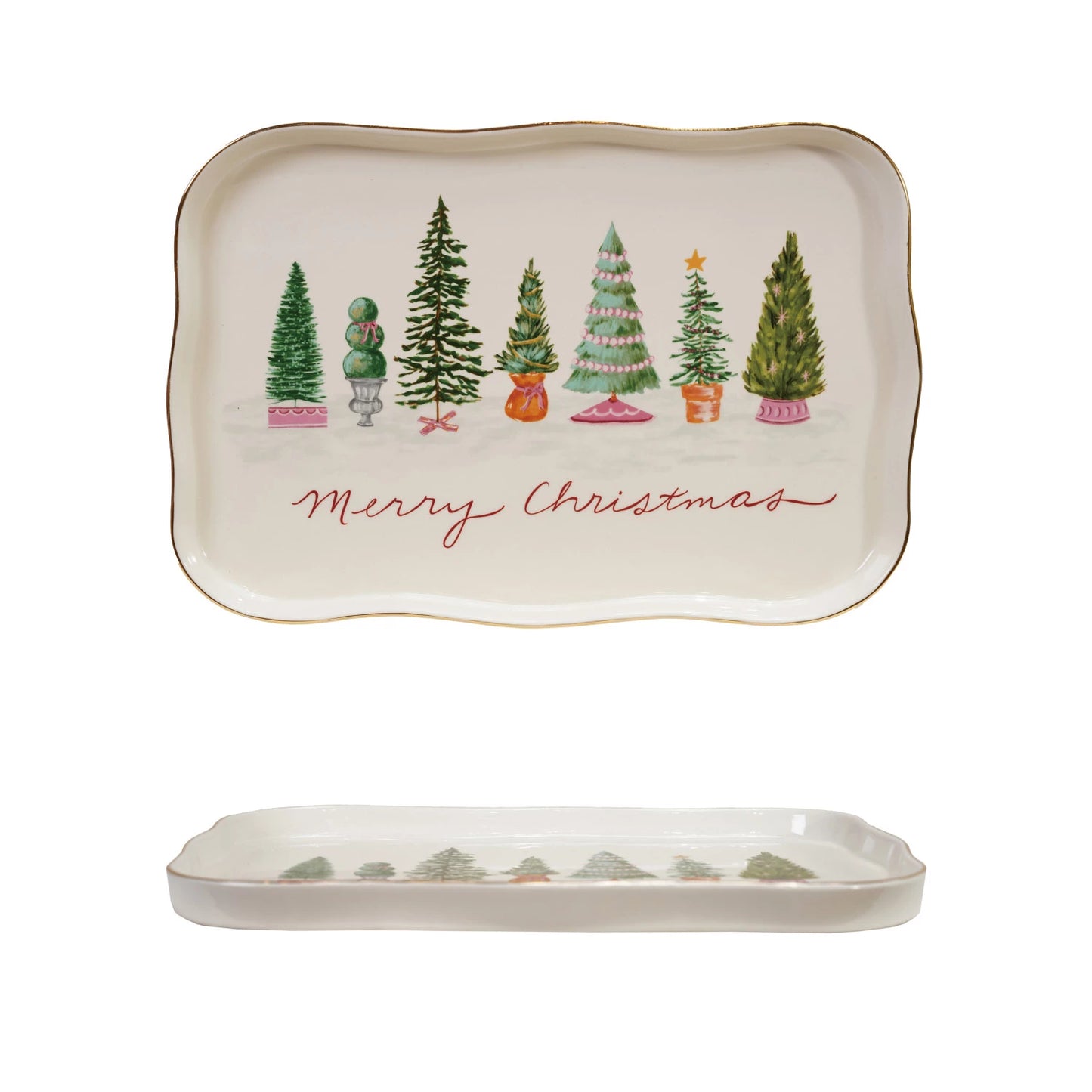 Pink Christmas Trees Scalloped Platter