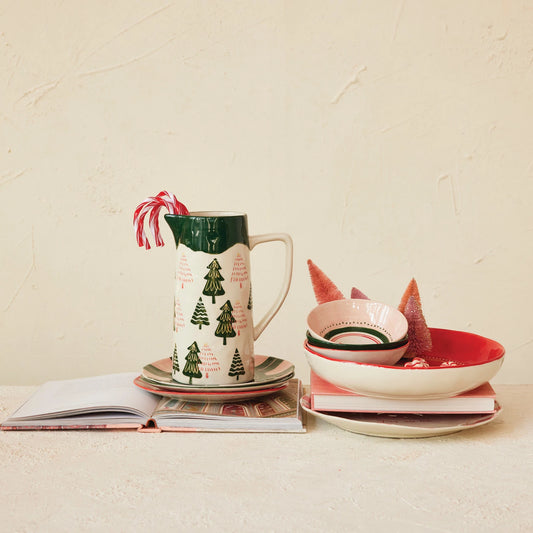 Hand-Painted Christmas Trees Stoneware Pitcher